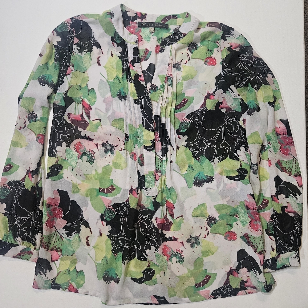 Rose & Olive Blouse Womens Medium Green Black Leafy Print‎ Pleated Peasant Top